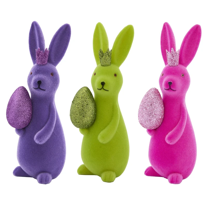 Osterhase mit Ei und Krone Pink, Lila oder Grün Kunststoff beflockt Dekohase Hase Osterdekoration modern