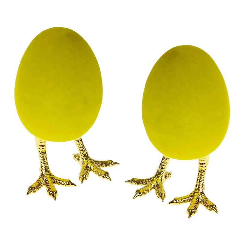 2er Set Ostereier auf Füßen Grün Gold Kunststoff beflockt moderne Dekoeier Osterdekoration Deko Ostern
