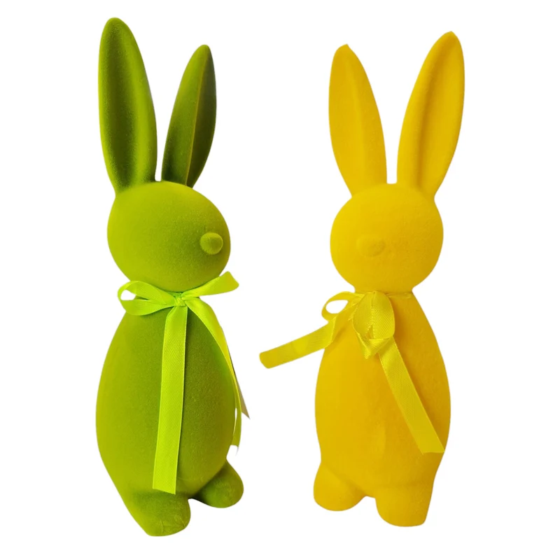 2er Set Dekohasen Kunststoff beflockt Gelb Grün modern Osterhase Osterdekoration Hase Deko Ostern
