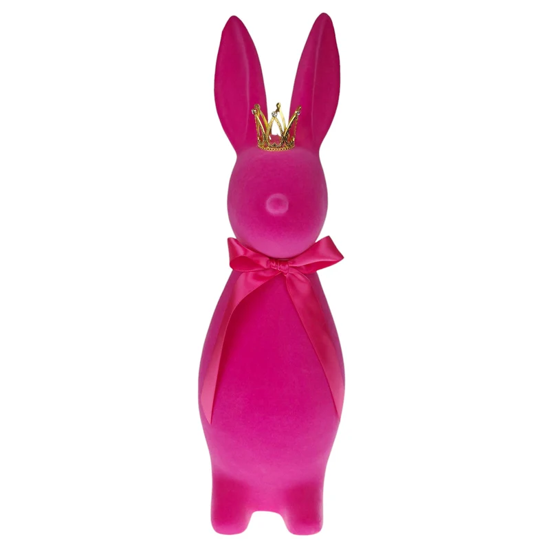 Dekohasen mit Schleife und Krone Pink Kunststoff beflockt Hasenfigur Osterdekoration Deko Ostern modern