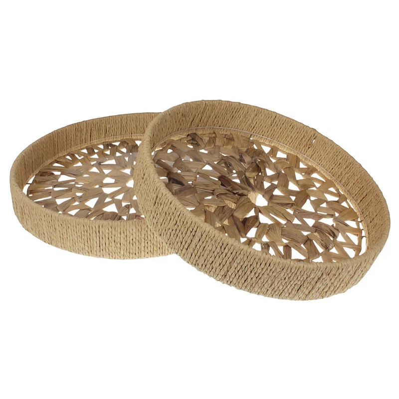 2er Set Dekotablett Seegras Braun Tablett rund Tablettset modern