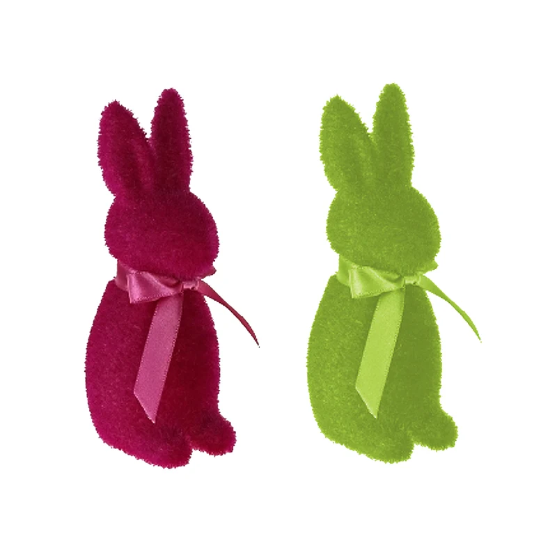 2er Set Osterhase Magenta Grün Kunststoff beflockt Dekohase Hase Osterdekoration modern