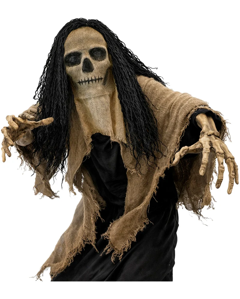 Totenschädel Jute Maske mit Kapuze & Haaren