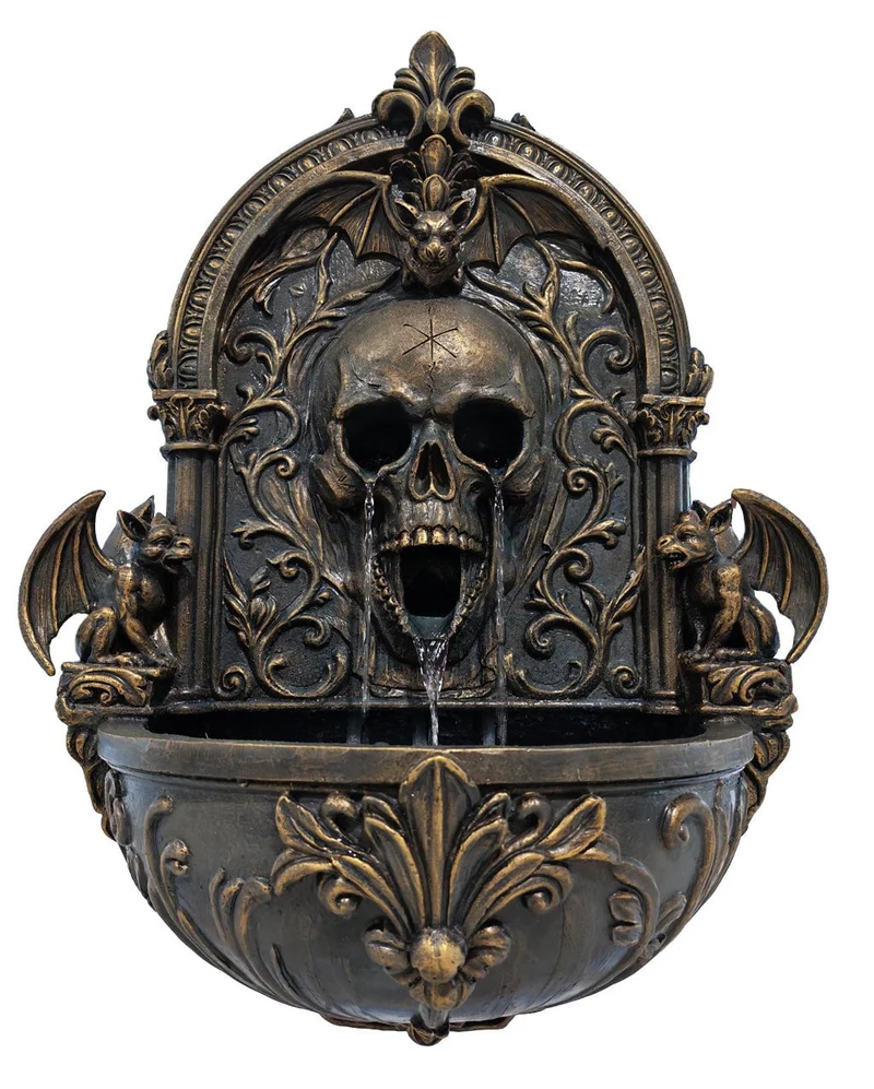 Noctis Manor Gothic Wandbrunnen mit Totenkopf, Fledermaus & Gargoyles 75cm
