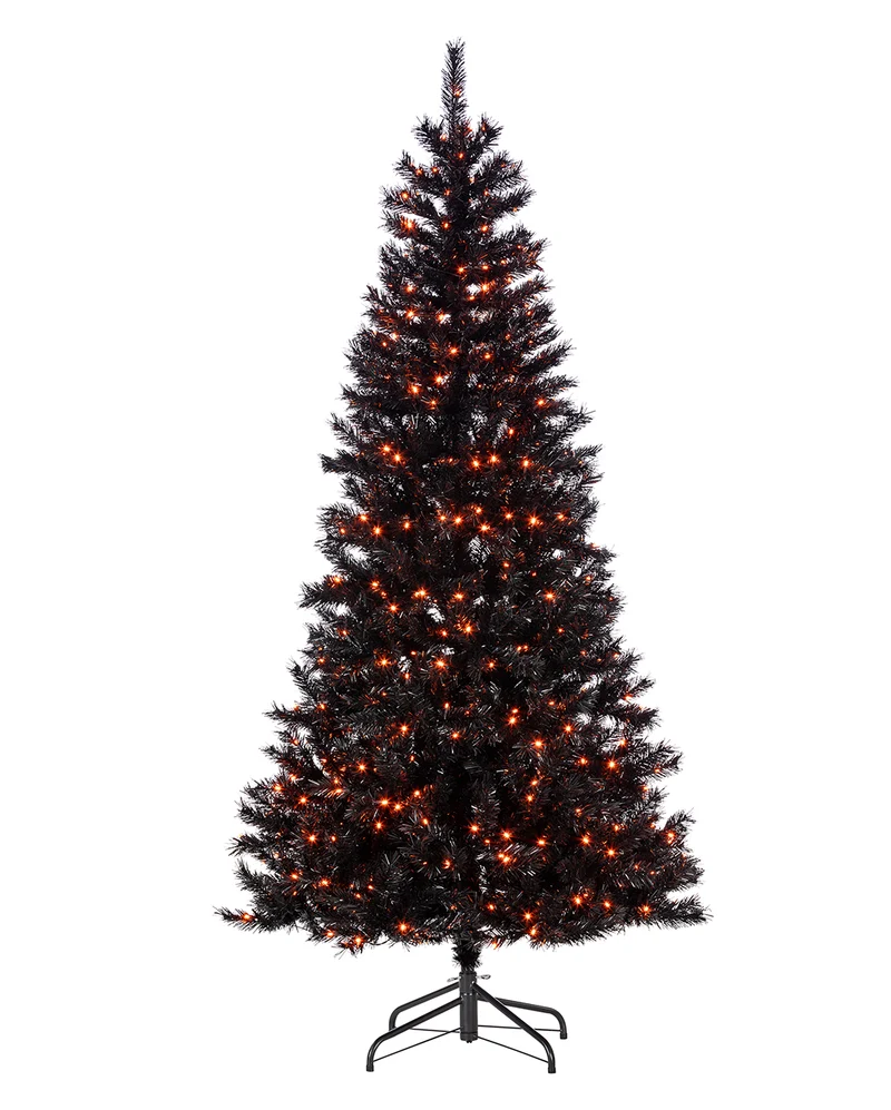 Schwarzer LED Halloween Dekobaum mit orangen LEDs als Lichteffekt 228cm