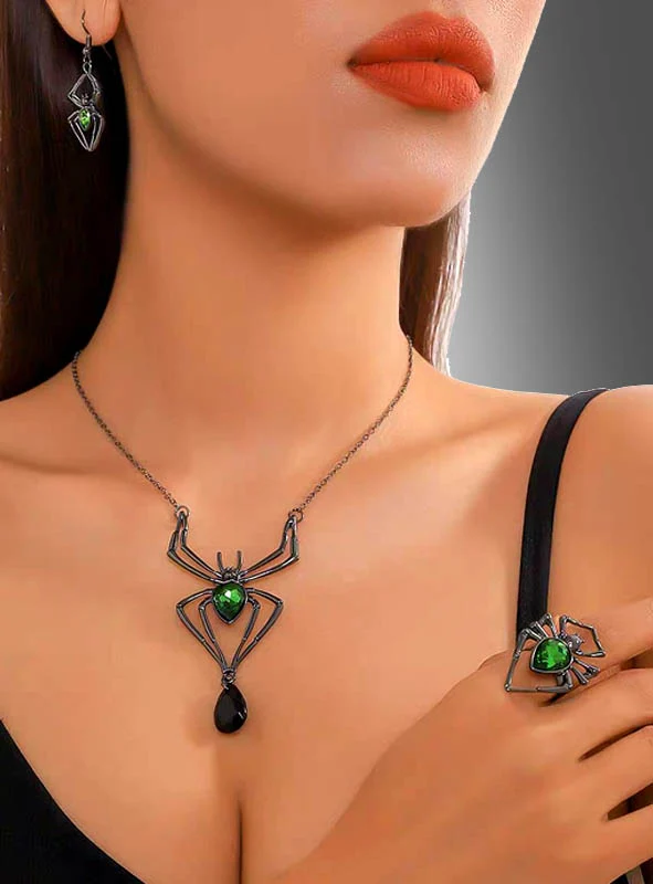 Spinnen Schmuck Set mit grünem Edelstein