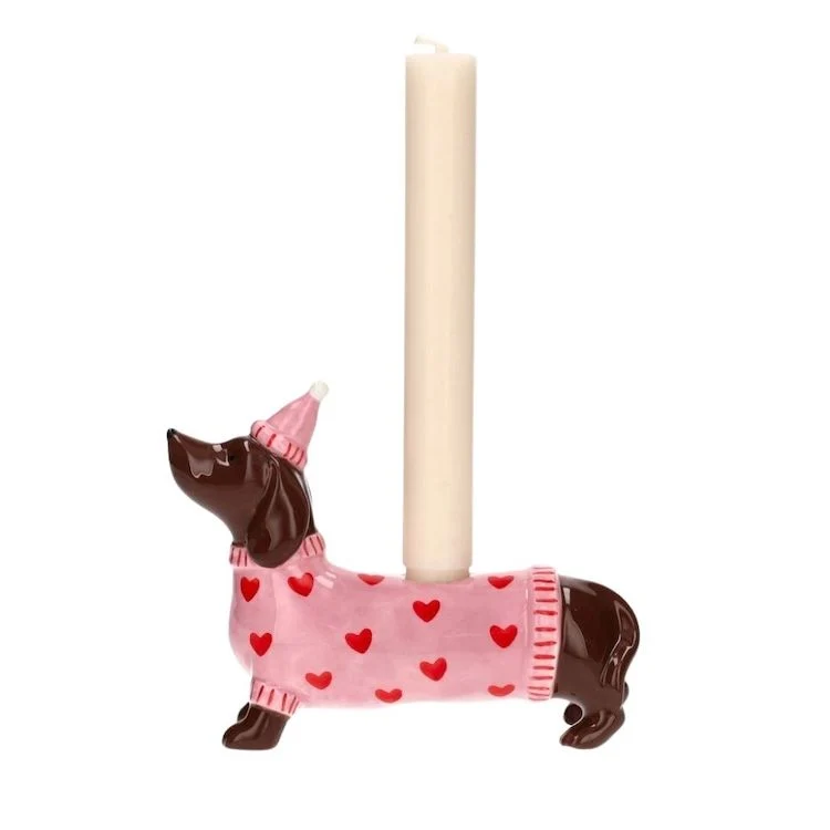 Mignon Kerzenhalter Dackel mit Mütze rosa