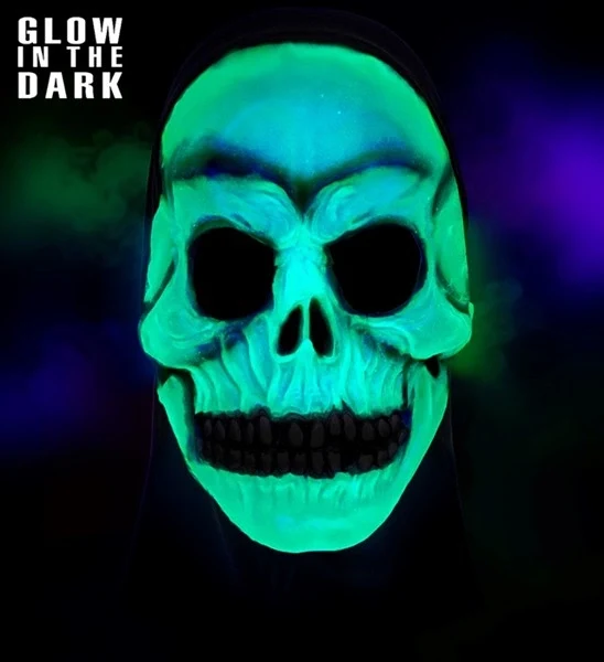 MASKE „TOTENKOPF MIT KAPUZE“ – LATEX, LEUCHTET IM DUNKELN