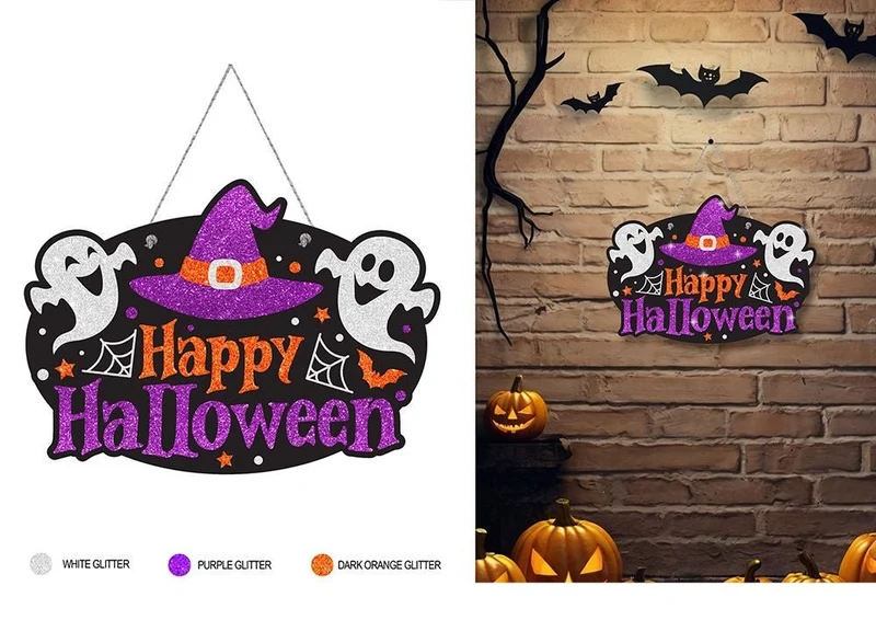 Halloween-Türschild, lila, mit Glitzer, 37 cm