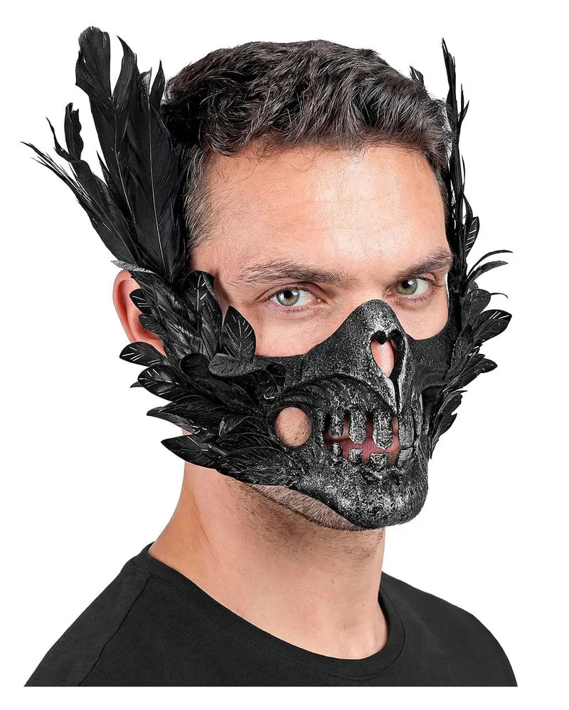 Skelettmund Maske mit Federn