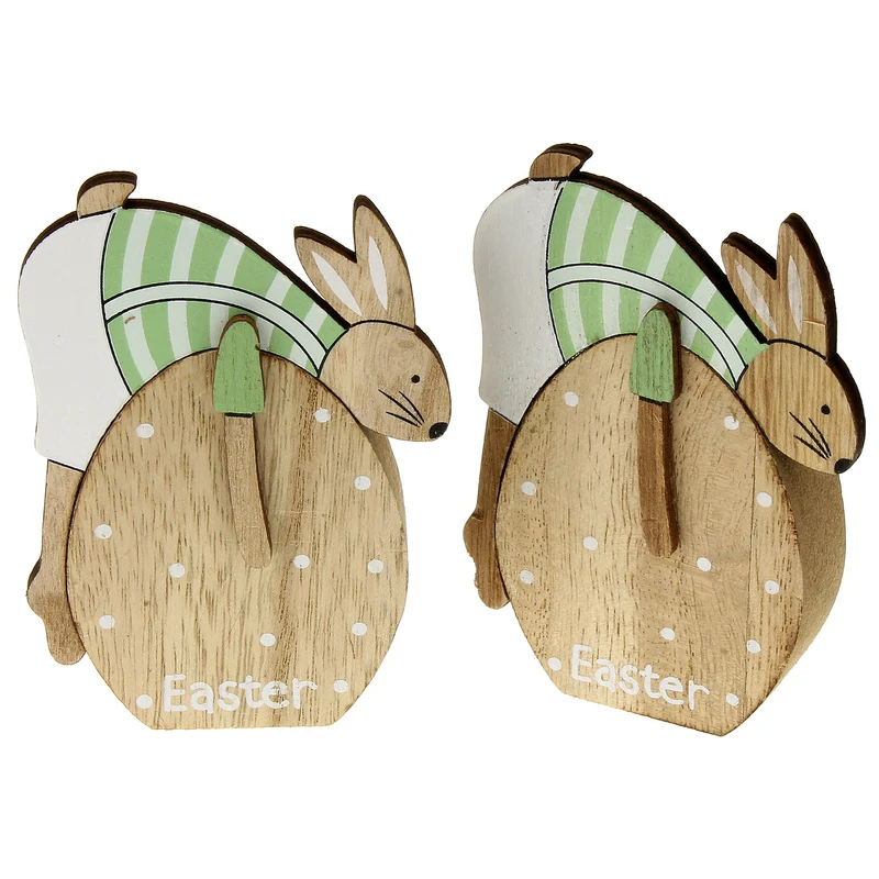 2er Set Holzei mit Osterhase Braun Grün