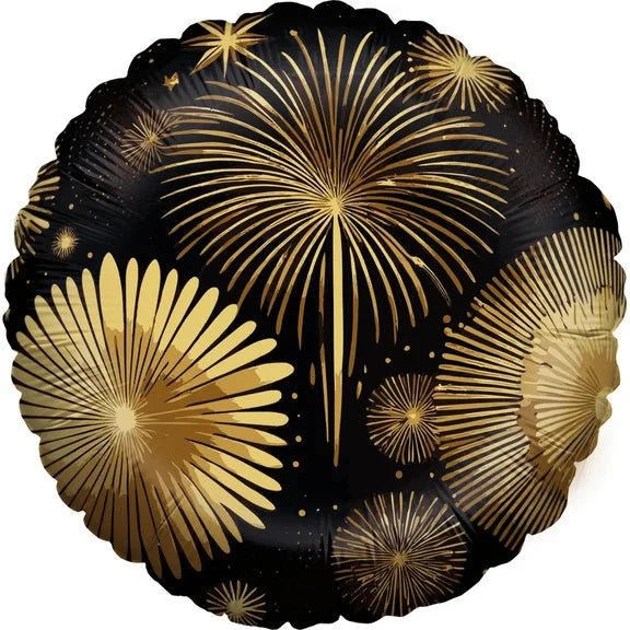 „Happy New Year“-Heliumballon, schwarz-gold, Feuerwerk, leer, 45 cm