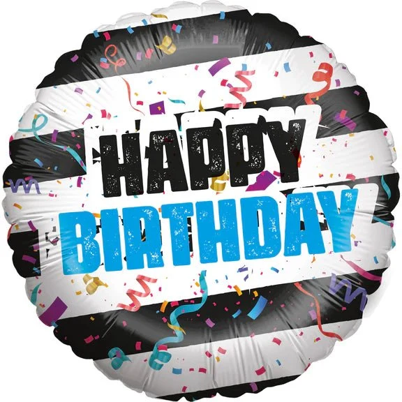 „Happy Birthday“-Heliumballon, schwarz-weiß gestreift, leer, 45 cm