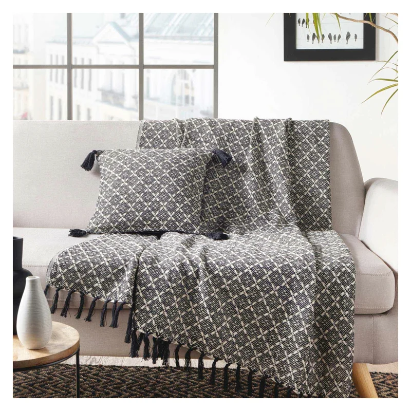 Set Kissen Decke Schwarz Beige