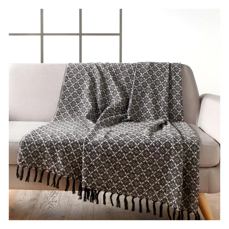 Decke mit Fransen Schwarz Beige