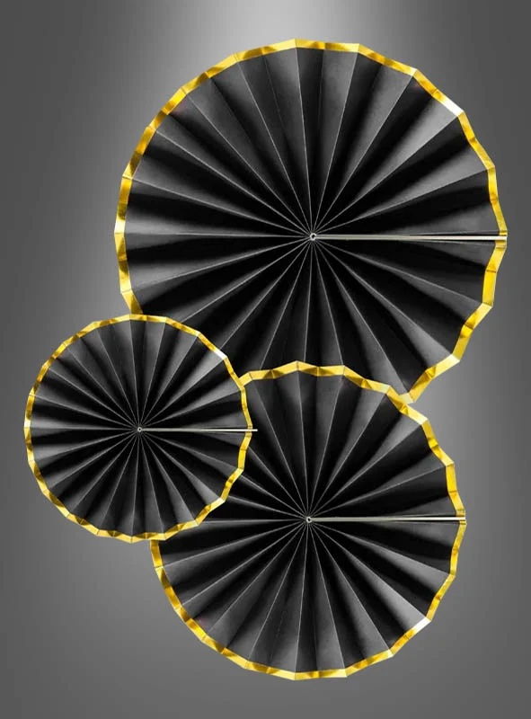 3 Papier-Rosetten schwarz-gold 23-43cm