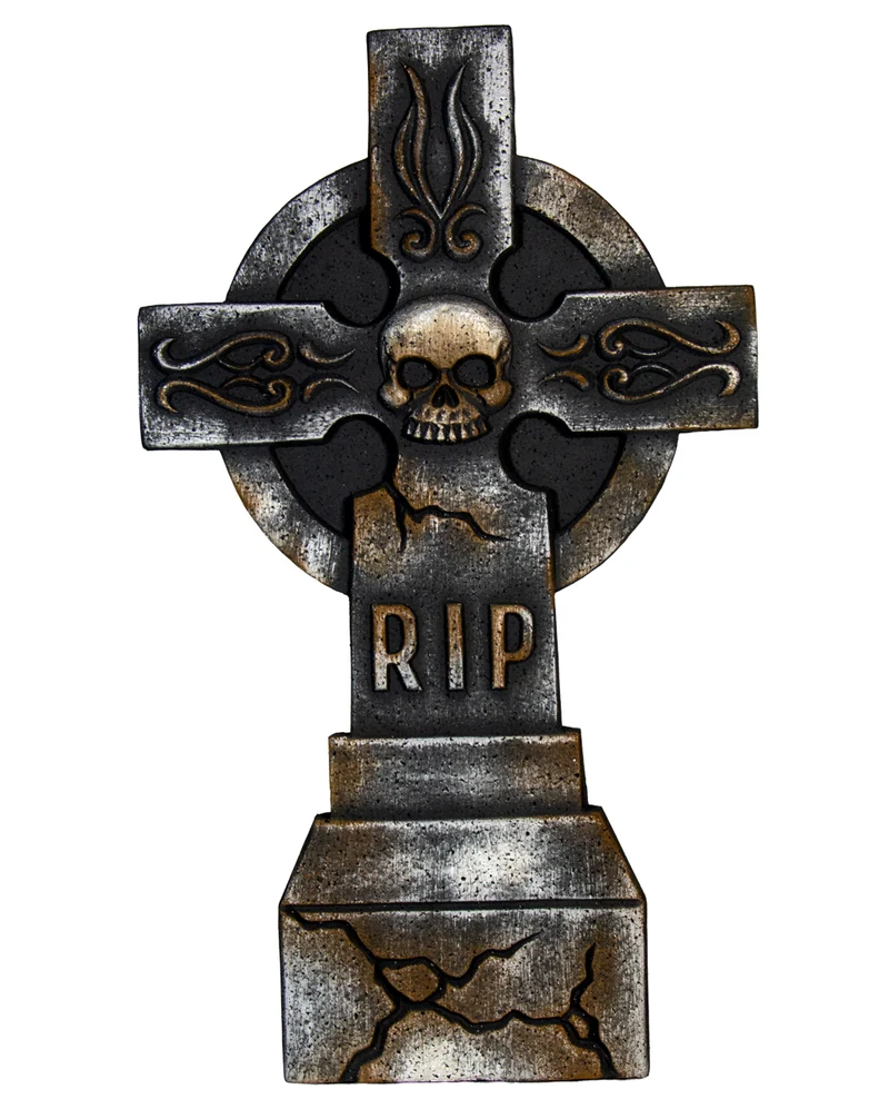 Verwittertes Grabstein Kreuz mit Totenkopf 66cm