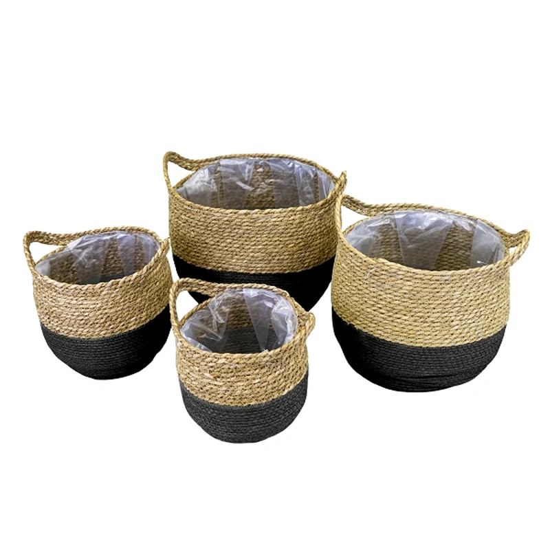 4er Pflanz-Korbset mit Griffen Seegras, schwarz-natur