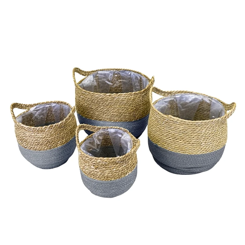 4er Pflanz-Korbset mit Griffen Seegras, grau- natur