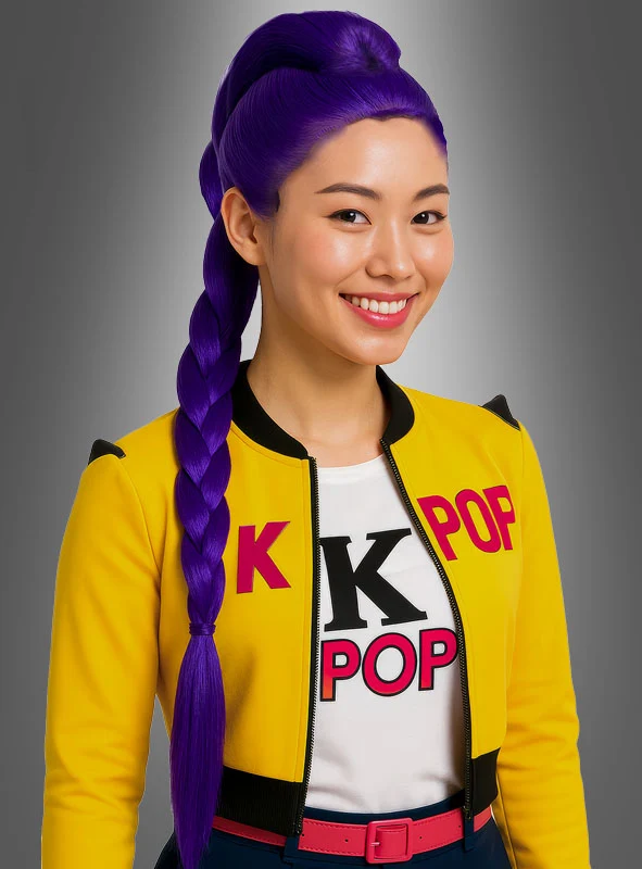 Lila K-Pop Perücke mit Zopf