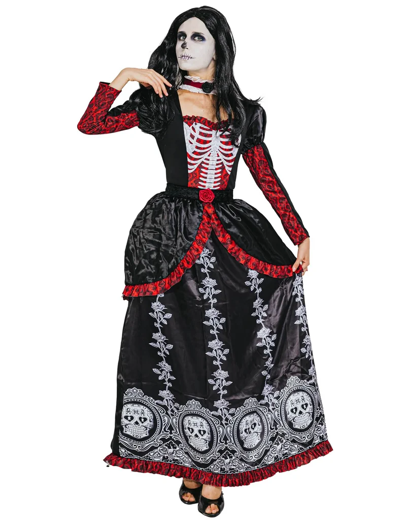 Mexikanische-Braut Halloween-Kostüm Tag der Toten schwarz-rot-weiß