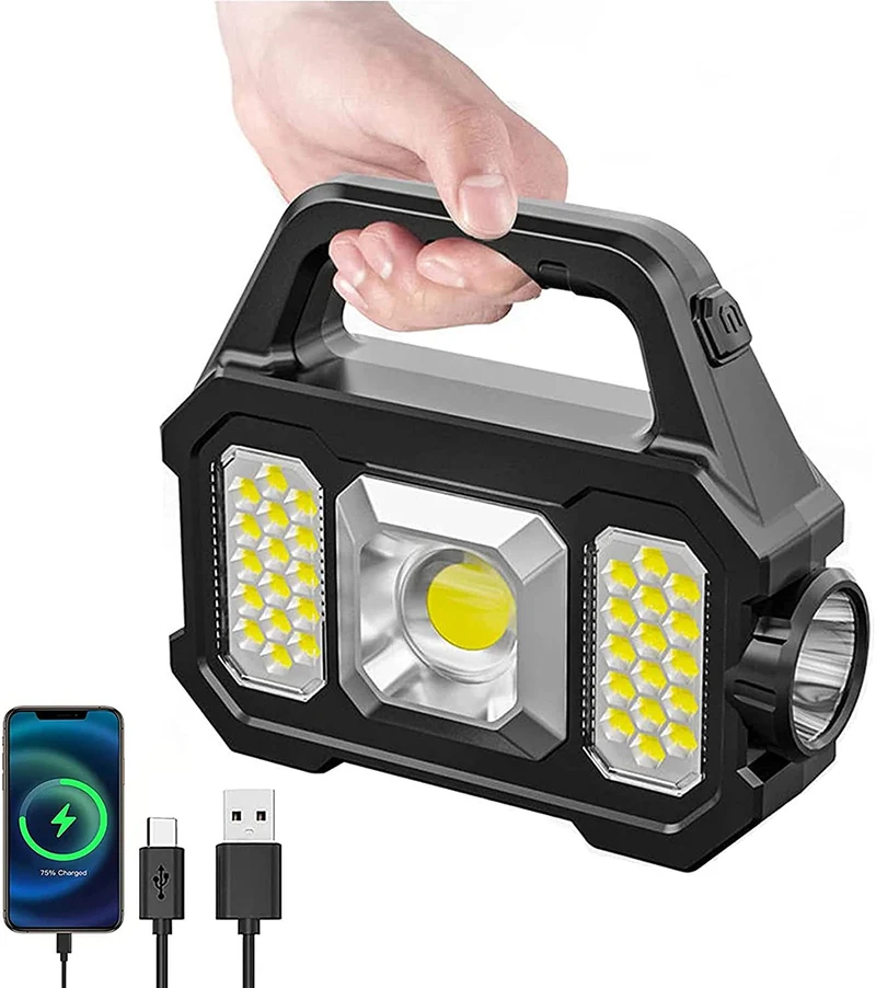 Taschenlampe Campinglampe Solar extra hell, LED Taschenlampe. Aufladbar inkl. Akku Handscheinwerfer mit Powerbank, dimmbar