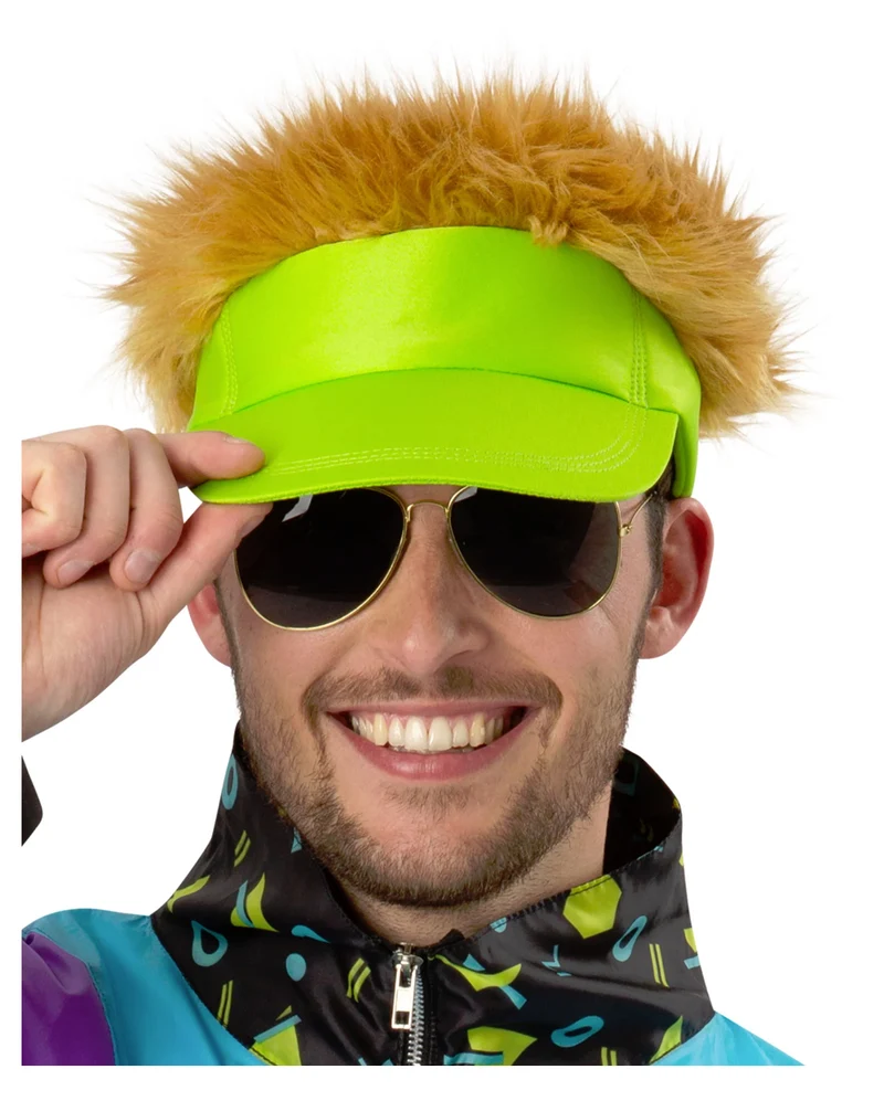 Neongrüner 80s Visierhut mit dunkelblondem Haar