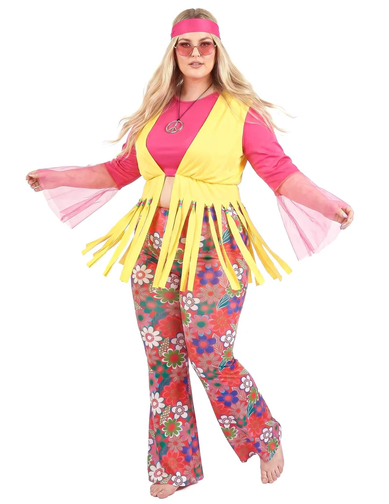 Hippie Kostüm für Damen Plus Size rosa-gelb