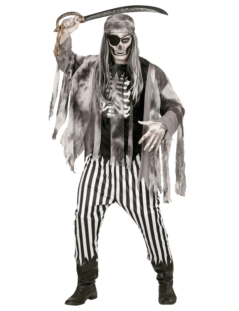 Skelett-Piratenkostüm für Herren Halloween-Kostüm schwarz-weiss-grau