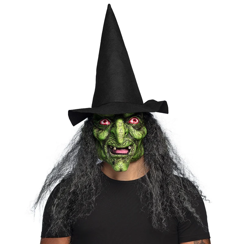 Latex Hoofdmasker Heks Lucinda – Griezelige Heks met Hoed en Haar