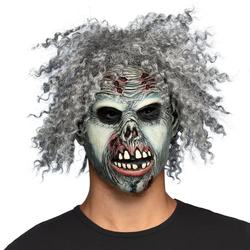 Latex Hoofdmasker Crazy Zombie – Halloween Masker met Haar