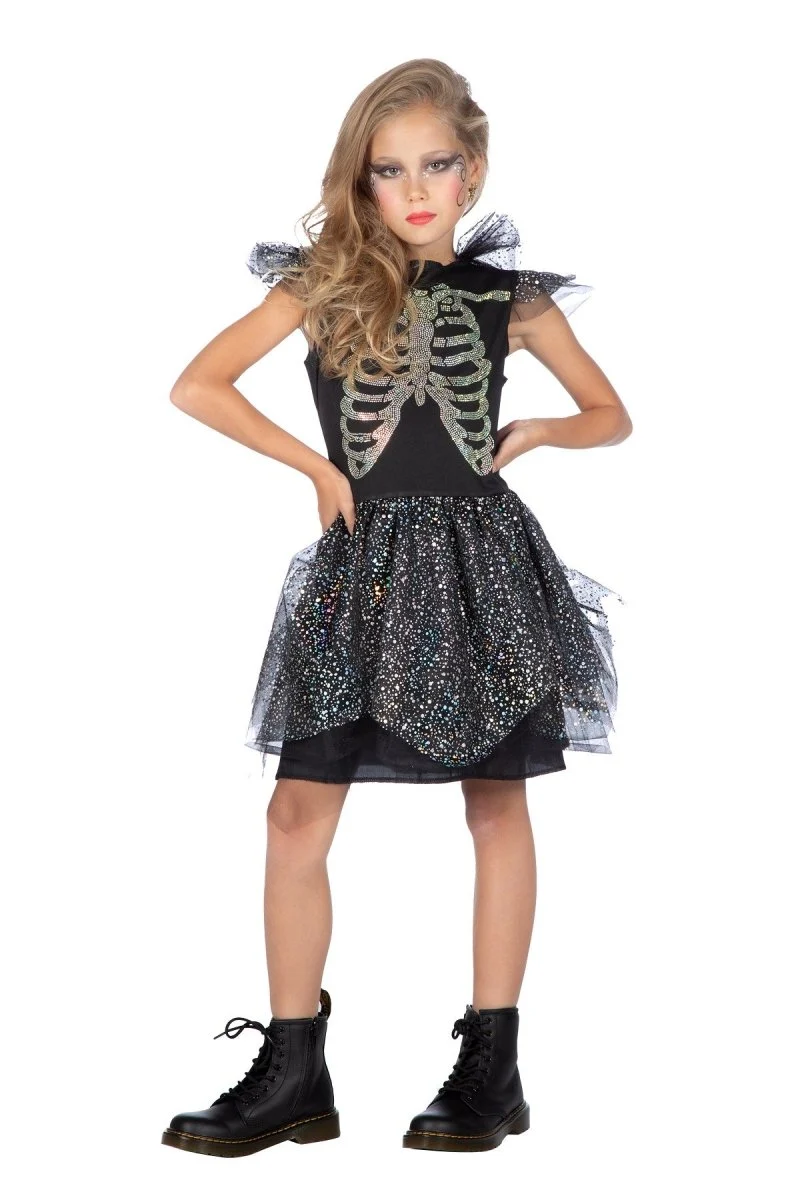 Halloween Kleid Mädchen Skelett mit Steinen