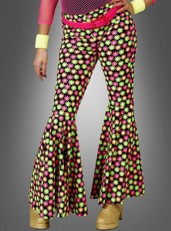 Elastische Schlaghose mit Blumenmuster neon