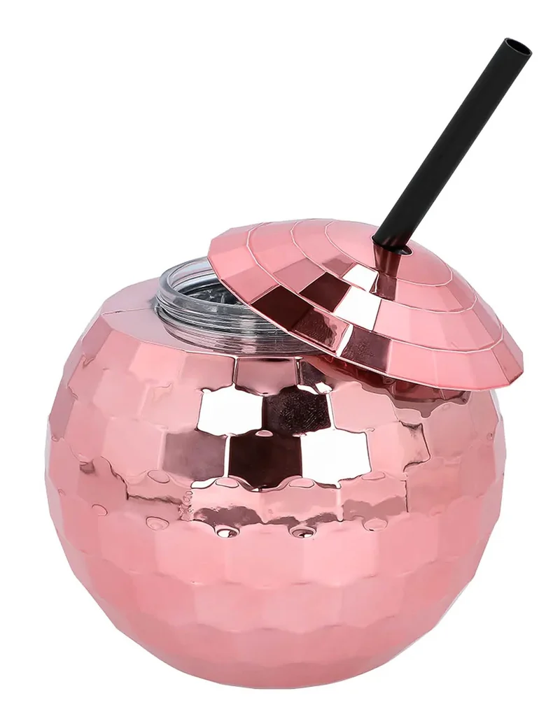 Becher Discokugel mit Strohhalm rosa 650 ml