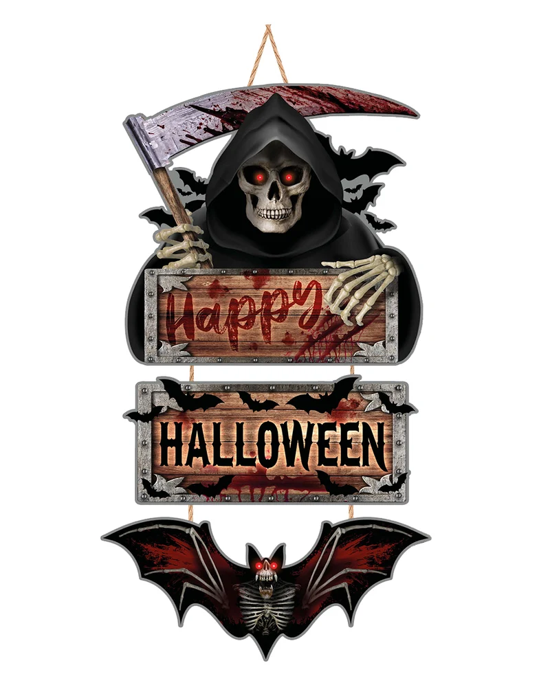 Happy Halloween Holzschild mit Reaper & Fledermaus 60cm