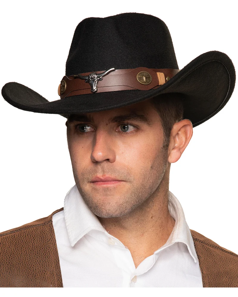 Schwarzer Cowboyhut mit braunem Hutband & Stierkopf