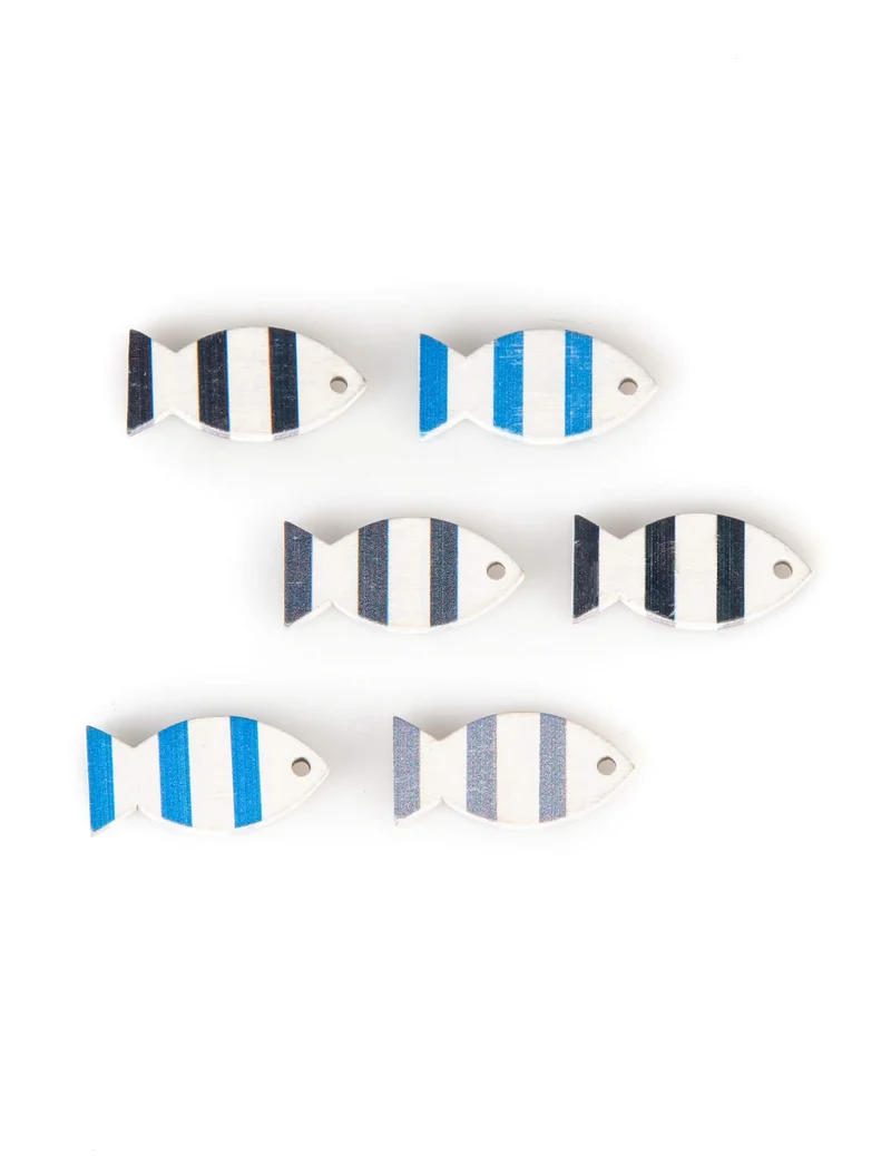 6 dekorative Holzfische, blau und grau, 3 x 2 cm, zum Aufhängen