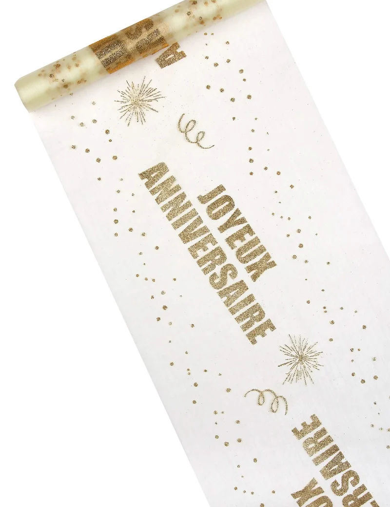Goldener Happy Birthday Organza Tischläufer 29 cm x 5 m glitzernd