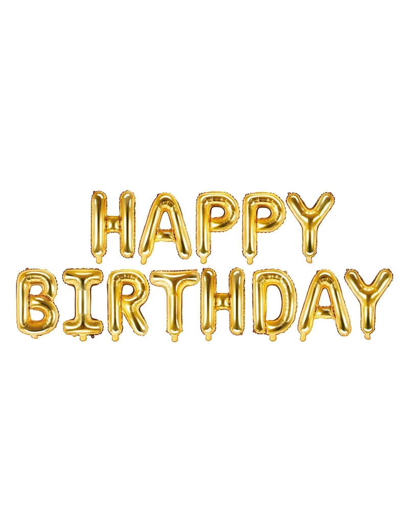 Goldene Happy Birthday Buchstabenballons aus Aluminium 35 cm als Girlande