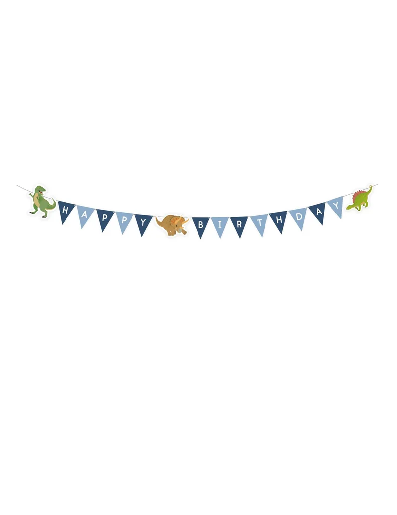 Girlande Happy Birthday große blaue Dinosaurier 180 cm mit Wimpeln