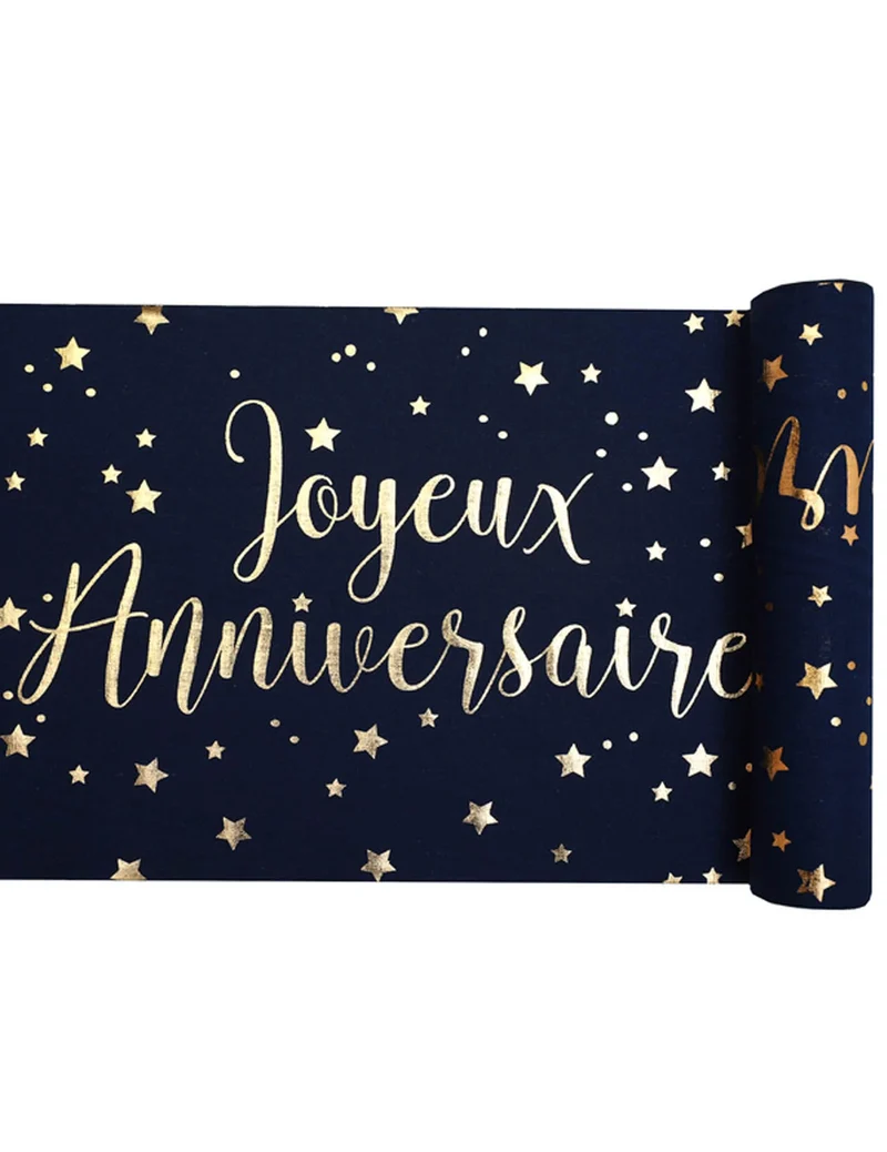 Baumwoll-Tischläufer "Happy Birthday" Marineblau und Gold 28 cm x 3 m