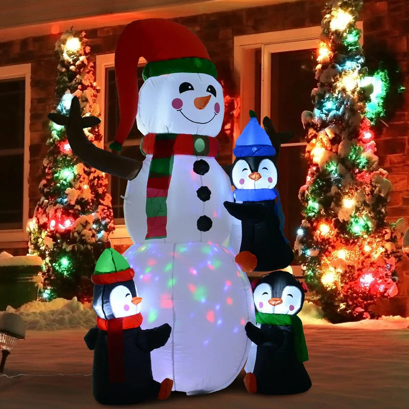 Aufblasbarer Schneemann mit 3 Pinguinen, 180 cm mit LED-Beleuchtung. Weihnachten Deko Luftfigur