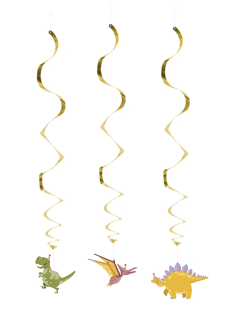 3 goldene Dino-Party-Spiralhänger 85 cm