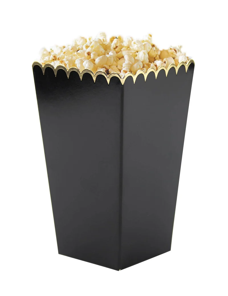 8 schwarze und goldene Popcornboxen 12,5 x 7 cm, gewellt