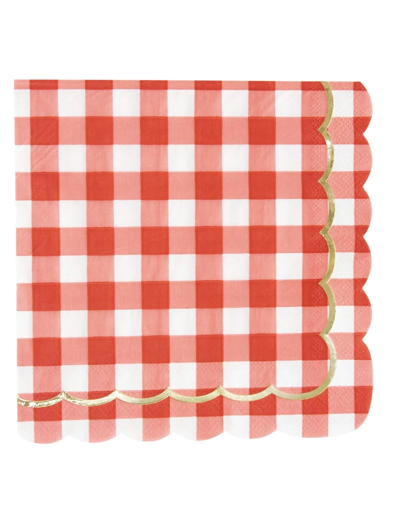 16 rot karierte Papierservietten mit Wellenrand 33 x 33 cm