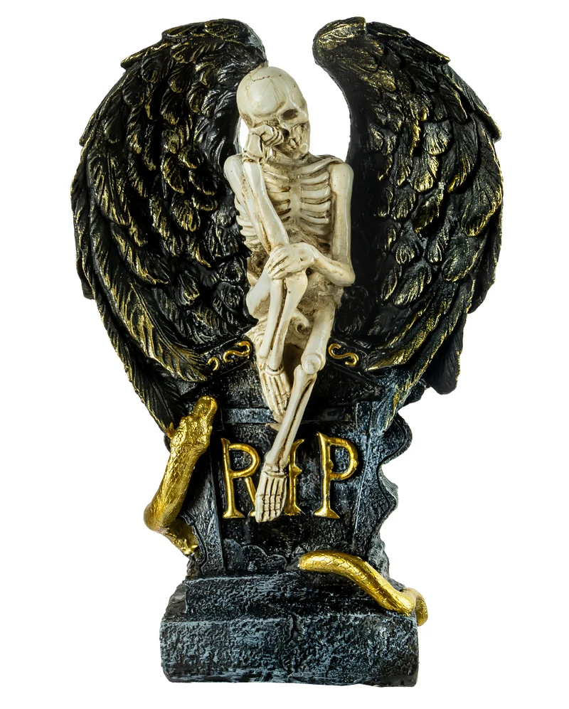 Weinender Skelettengel mit Flügeln & Grabstein 32cm