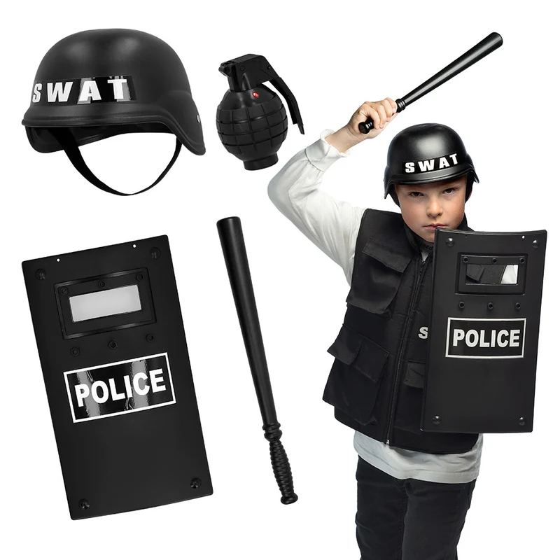 Kinderset SWAT Police (helm, schild 40 cm, knuppel 40 cm en granaat 8.5 cm)