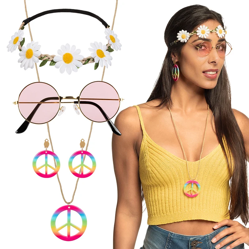 Set Hippie de luxe (hoofdband, partybril, oorbellen en ketting)