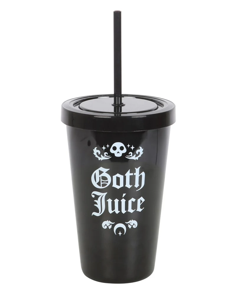 Schwarzer "Goth Juice" Getränkebecher mit Trinkhalm