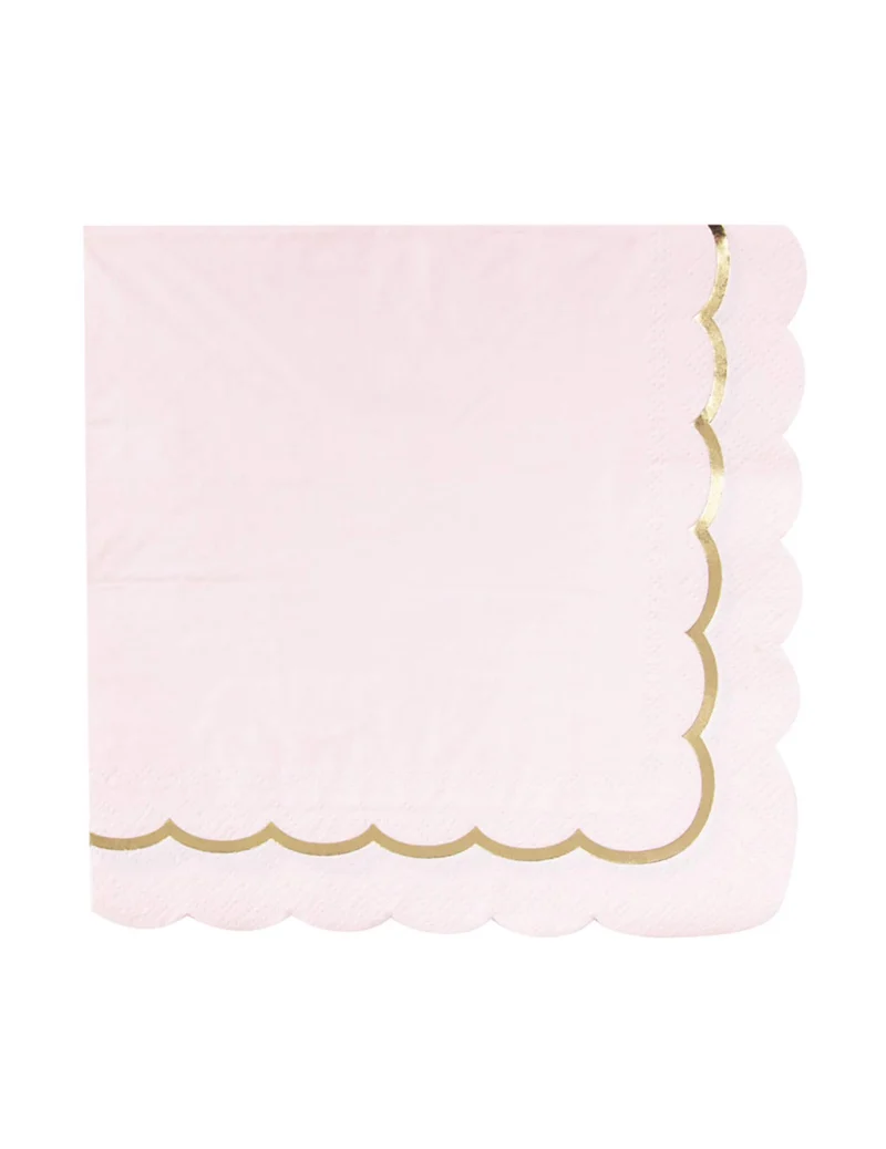 16 Papierservietten mit Wellenrand Pastellrosa und Gold 33x33cm